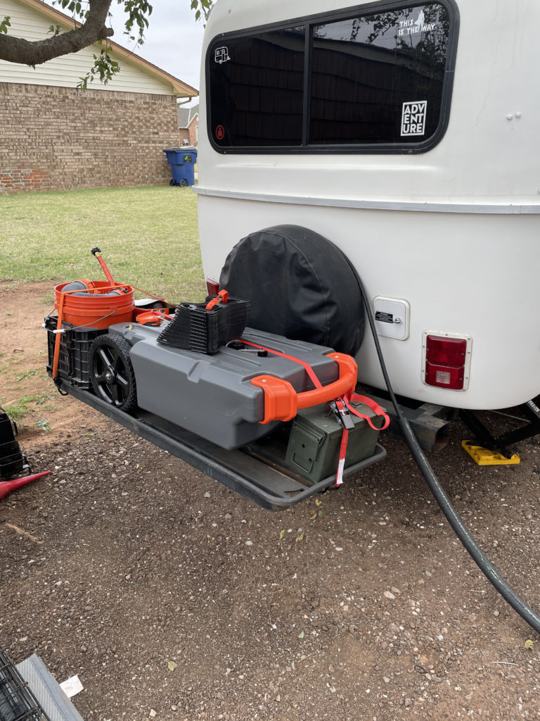Our portable shit tote on the back of Casita trailer.