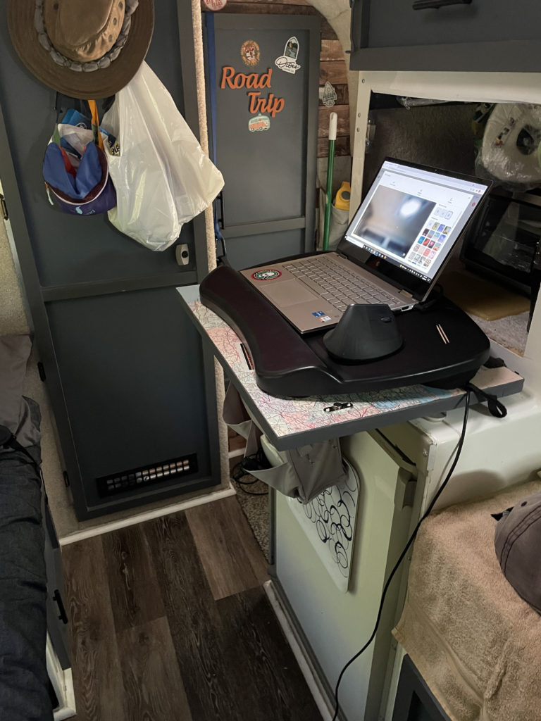 Fold down work station inside Casita