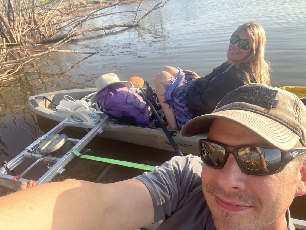 Selifie of us at Lake Hefner on the 12 foot version fo kayakamaran.
